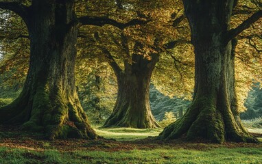 Wall Mural - A group of ancient trees in a serene forest, their trunks thick and covered in moss