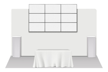 Wall Mural - Trade show booth display kit mock-up. Expo tradeshow set template. Backdrop banner stand, LCD monitors, table covered with white tablecloth, exhibition plinth pedestals. Realistic 3d vector mockup