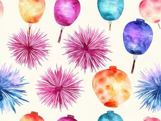 Canvas Print - Watercolor Chinese Lanterns and Flowers Seamless Pattern.