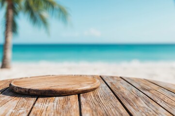 Poster - Empty wooden tabletop on blurred beach background for displaying products
