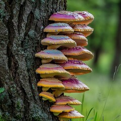 Sticker - A group of mushrooms growing on the side of a tree trunk, their caps layered and colorful