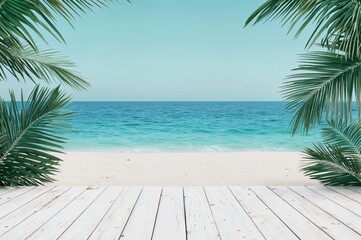 Aufkleber - Empty white wooden table with palm trees overlooking tropical beach scene
