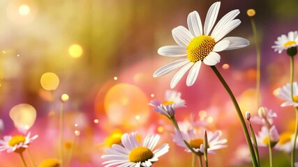 Wall Mural - A single daisy stands out in a field of flowers, bathed in the warm glow of the setting sun