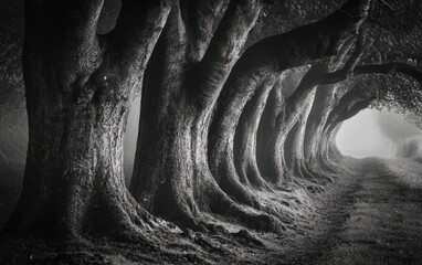 Poster - A grove of ancient trees, their trunks thick and twisted with age, standing in silence