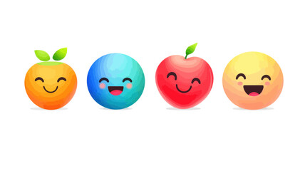Poster - iOS 17.4 Emoji Update April 2024 - Editable Vector SVG of Cheerful Fruit and Circle Faces with Smiling Expressions Perfect for Messaging Apps