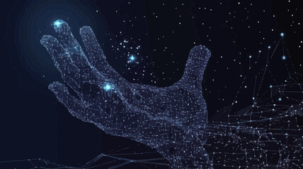 Poster - Futuristic Low Poly Wireframe Hand Reaching for Stars in Space, Starry Sky Vector, Minimalist Technology Concept, Touching the Future, Polygonal Points and Lines Art