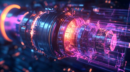 Aufkleber - A striking energy reactor emits brilliant hues of orange and purple, showcasing intricate mechanical parts in a futuristic setting