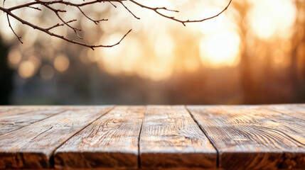 Wall Mural - Empty wooden table with blurred autumn background at sunset