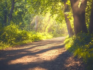 Sticker - A lush tree-lined path in a forest, sunlight filtering through the leaves