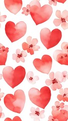 Poster - Watercolor Hearts and Flowers Seamless Pattern.