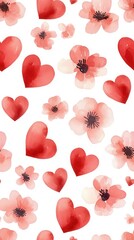 Canvas Print - Watercolor Hearts and Flowers Seamless Pattern.