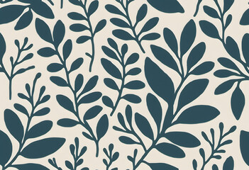 Seamless floral pattern with beige flowers and leaves on a teal background.