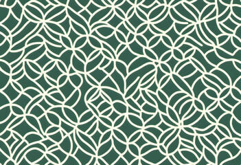 Seamless floral pattern with beige flowers and leaves on a teal background.