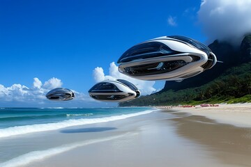 Poster - Futuristic beach scene with hovering platforms, advanced technology floating above the water while the natural beauty of the beach remains untouched