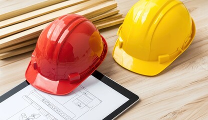 Construction helmets on wooden table beside blueprint and tablet, tools for safety.