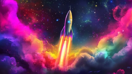 Poster - A rocket ascends majestically through radiant, colorful clouds against a stunning cosmic backdrop filled with stars, creating a sense of adventure and exploration in the night sky.