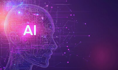 Aufkleber - Futuristic digital concept illustration of AI in a human head silhouette with circuit patterns on a vibrant purple background