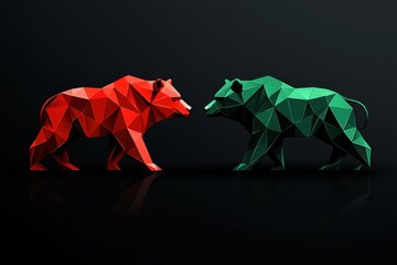 Poster - Geometric art depicting red bear and green bull representing stock market trends in abstract style