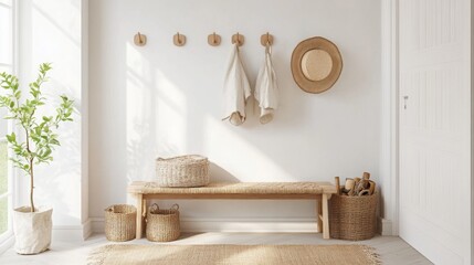 Poster - A well-designed entryway features a wooden bench, hanging coats, and a straw hat