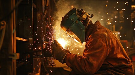 A worker welding metal structures in an industrial workshop, wearing protective helmets and glasses,