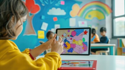 Young girl using a tablet in a classroom setting, drawing colorful shapes
