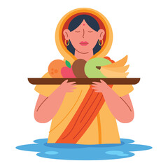 Wall Mural - indian woman celebrating chhath puja