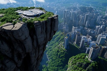 Poster - Futuristic city built into a mountain landscape, with towering skyscrapers blending with natural rock formations