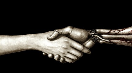 Poster - A futuristic handshake between a robot and a human, symbolizing the combination of artificial intelligence and human ingenuity for future business cooperation.