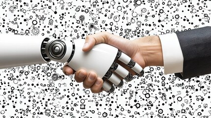 Poster - A futuristic scene of a robot hand shaking a human hand, representing cooperation in business and technology. The handshake symbolizes the fusion of AI and human potential.