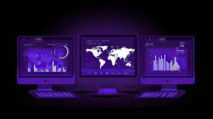 Poster - A futuristic SEO workspace glowing with ultraviolet screens showing charts, graphs, and magnifying tools analyzing real-time data.