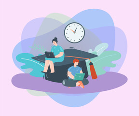 Poster - Big graduation hat and students studying on laptops. Girl and boy doing homework flat vector illustration. Online education, graduation concept for banner, website design or landing web page