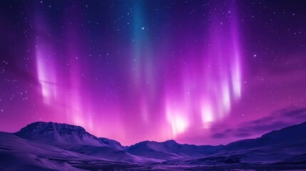 Wall Mural - Majestic Aurora Night Sky Landscape with Purple Northern Lights and Starry Universe