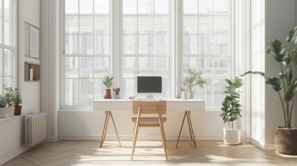 Poster - A contemporary workspace is filled with natural light filtering through large windows. The desk, adorned with plants and a computer, creates an inviting atmosphere for productivity.