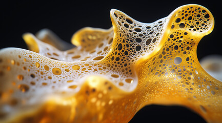 a close-up of yellow organic structures with black background, features organic forms, macro photogr