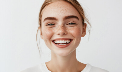 close-up portrait of young pretty teenage blond girl on white background isolated, face with freckles, cute candid natural look expression