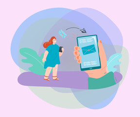 Poster - Hand holding smartphone with message sent by happy woman. Colleague or friend sending letter via mobile app flat vector illustration. Communication, e-mail concept for banner or landing web page