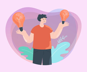 Wall Mural - happy man holding two lightbulbs in hands. employee with new ideas flat vector illustration. creativ