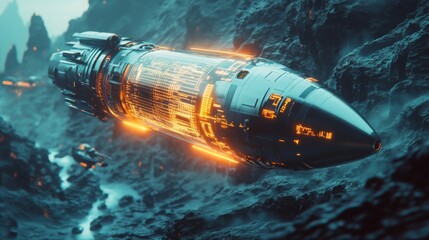 Poster - A sleek spacecraft glides above an alien terrain, illuminated by vibrant orange lights against a dark, rocky backdrop. The atmosphere hints at twilight, highlighting the craft's advanced technology.