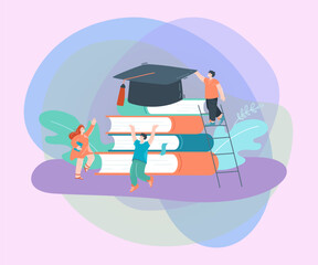 Poster - Happy tiny students with huge books and graduation hat. Cheerful university people, man on ladder flat vector illustration. Education, knowledge, graduation concept for banner or landing web page
