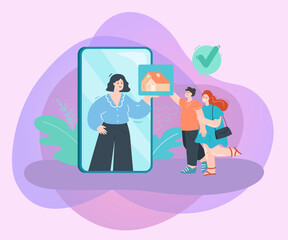 Poster - Happy married couple buying house via online real estate agency. Estate agent on phone screen giving house to husband and wife flat vector illustration. Real estate, mortgage concept for banner