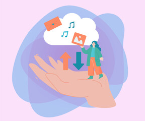 Poster - Huge hand holding tiny woman with files on cloud. Office worker downloading or uploading photos, music flat vector illustration. Technology, storage, internet concept for banner or landing web page