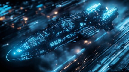 Fototapete - A close-up of a spaceship flying over a futuristic city. The spaceship is dark gray with blue glowing lights. It appears to be traveling at a high speed