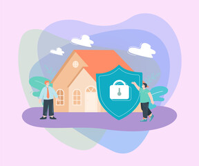 Poster - Huge shield protecting house flat vector illustration. Tiny man protecting his property. Safety, protection, insurance, defense concept for banner, website design or landing web page
