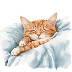 Poster - A peaceful orange cat sleeping on a soft blue bedspread with a clean white backdrop in a cozy bedroom. Generative AI