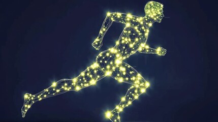 Poster - A man in mid-run with glowing green neural connections forming around his brain and limbs. The scene embodies the fusion of AI, cyberspace, and human movement.
