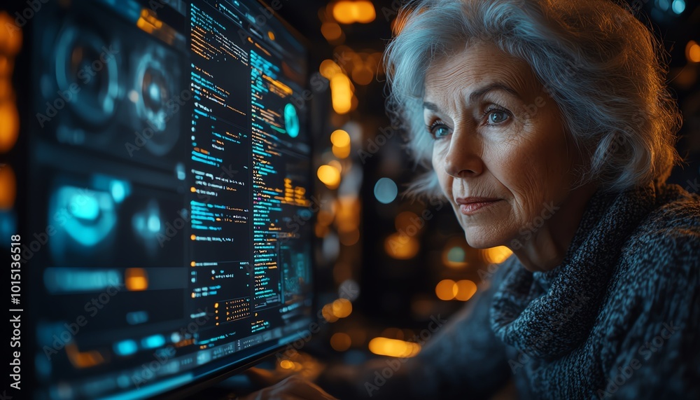 A tech 60 year old woman coding on a large desktop computer, with lines ...