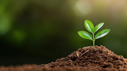 Small green plant sprouting from rich soil with blurred nature background.