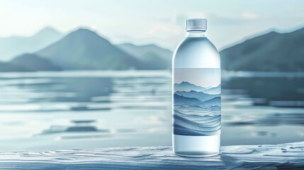 Stylish water bottle on serene water background with distant mountains.