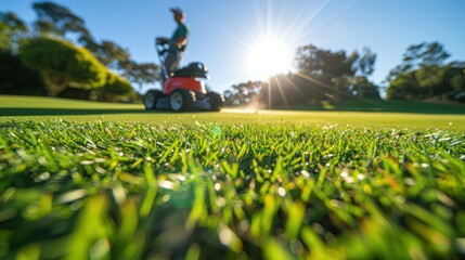 Sticker - A Low-Angle View of a Grassy Golf Course with a Blurred Figure in the Background