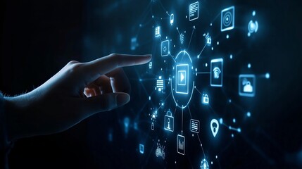 Hand Reaching for Digital Innovation:  A hand reaches out towards a glowing network of icons, symbolizing the boundless possibilities and interconnected nature of digital innovation.  
